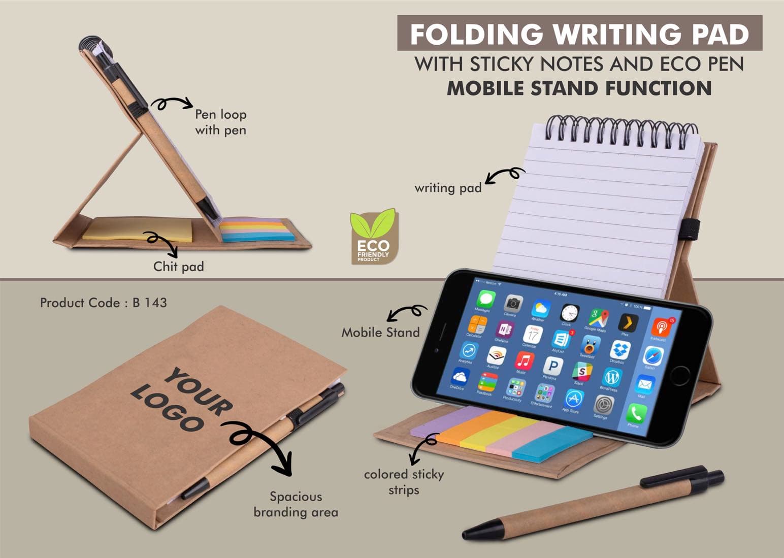 Folding writing pad with Sticky notes and Eco pen