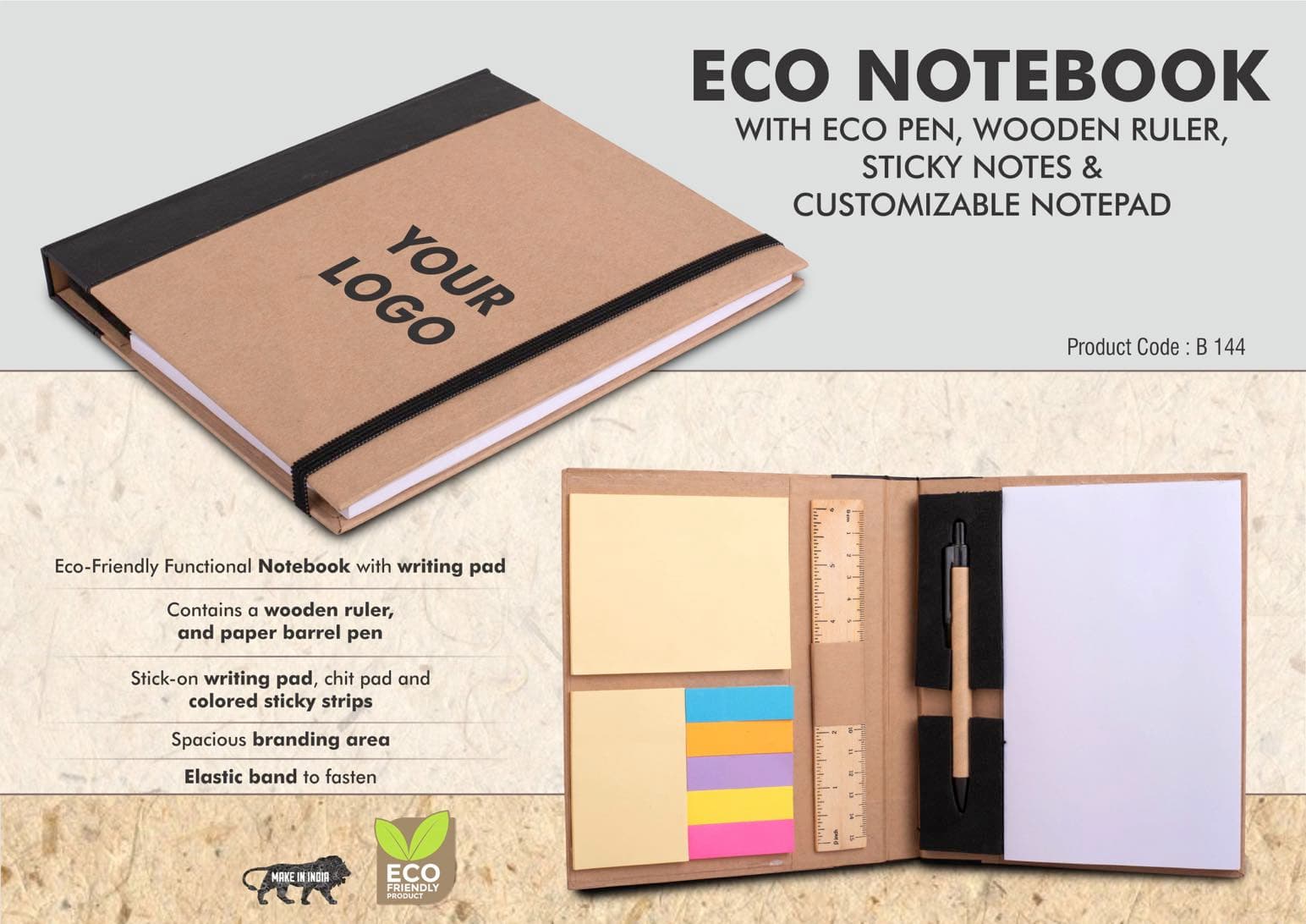 Eco Notebook with Eco Pen, Wooden Ruler and Sticky notes