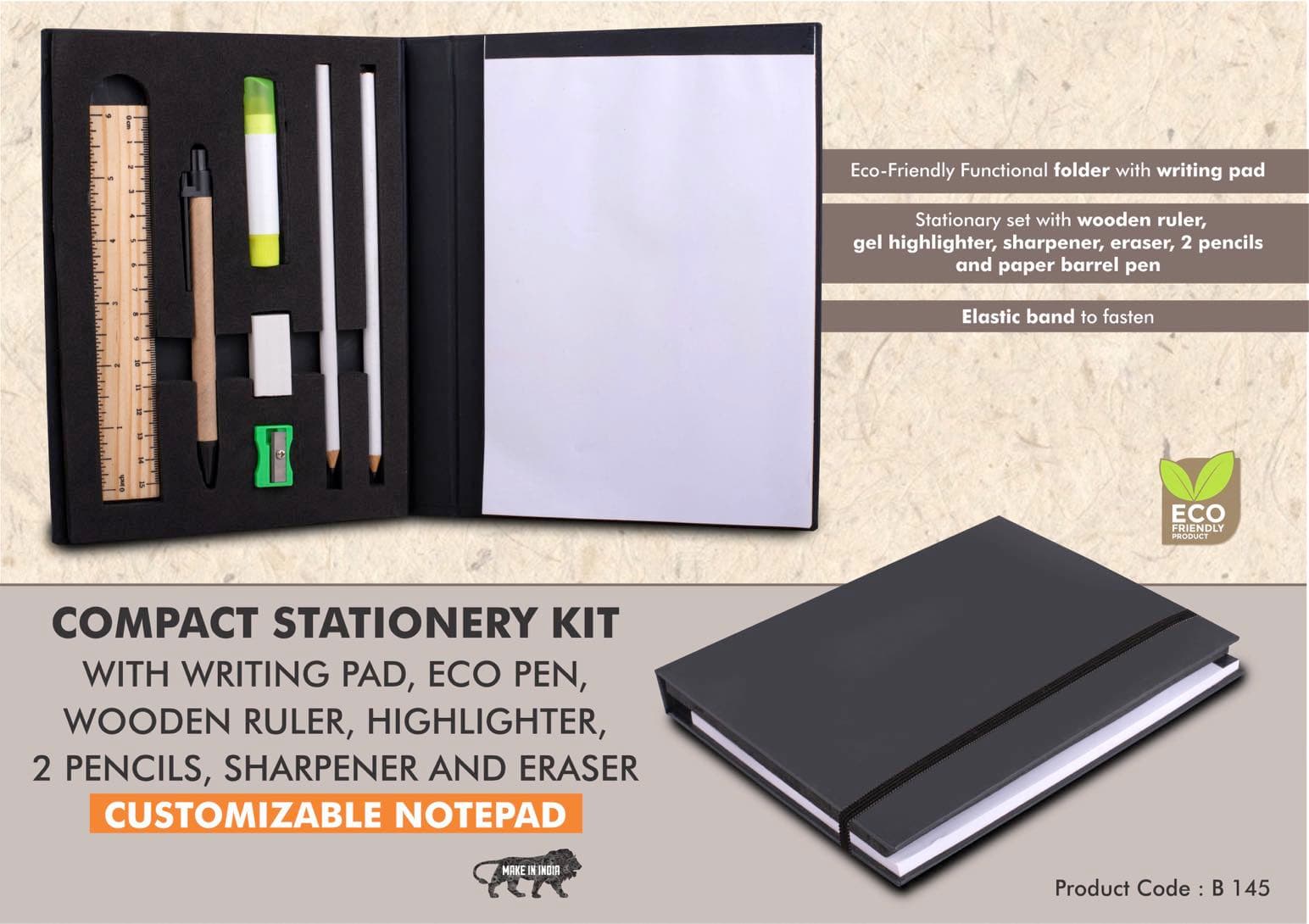 Compact Stationery kit with Writing pad, Eco Pen, Wooden Ruler, Highlighter, 2 Pencils, Sharpener and Eraser