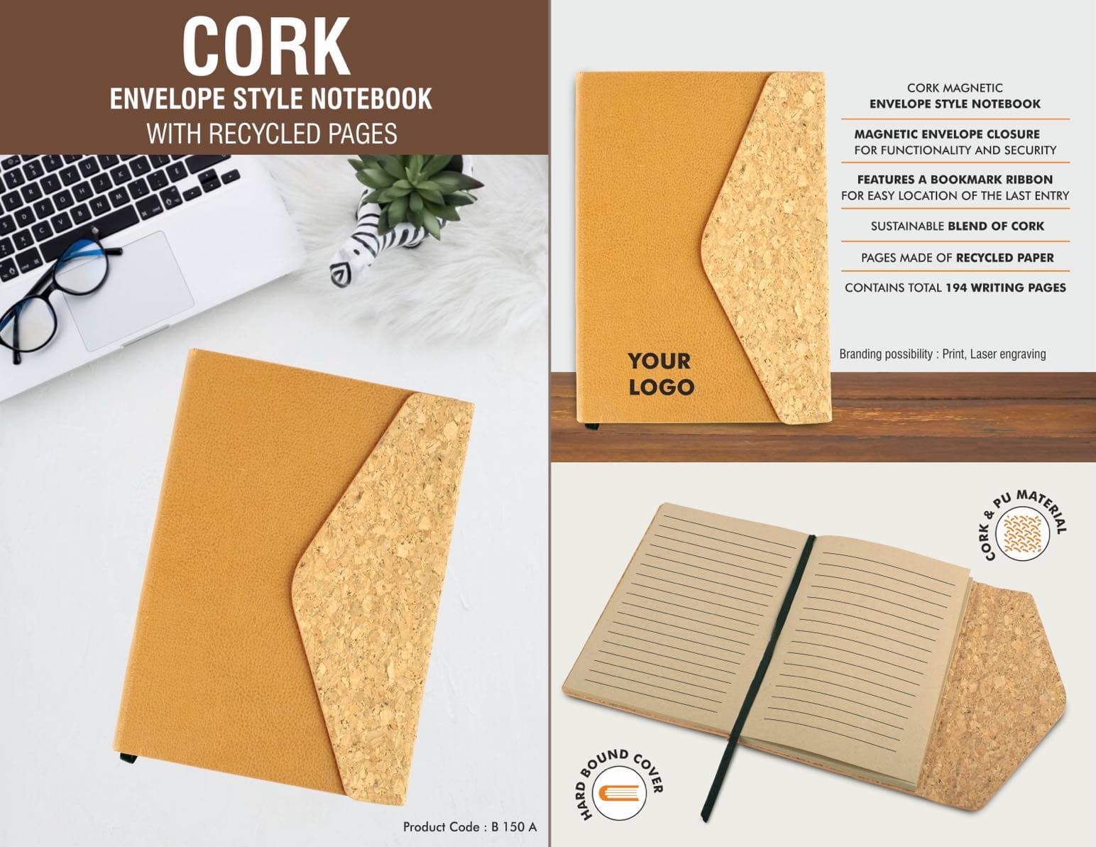 Cork Magnetic Envelope style Notebook with recycled pages
