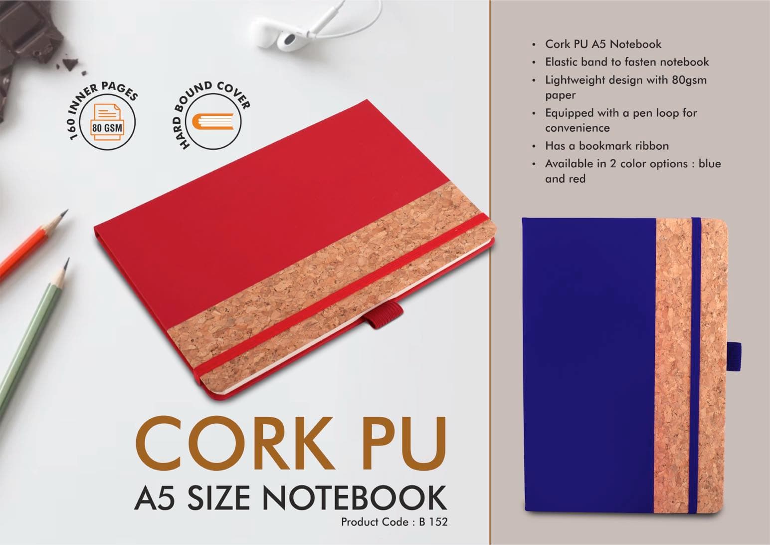 PU Cork Notebook with Elastic Fastener