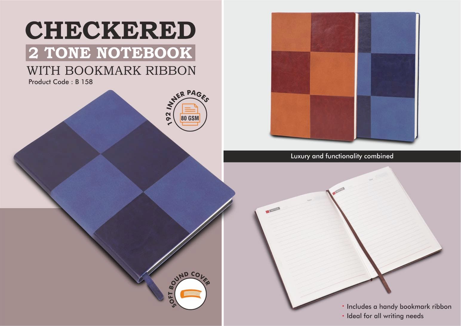Checkered 2 tone Notebook with bookmark ribbon
