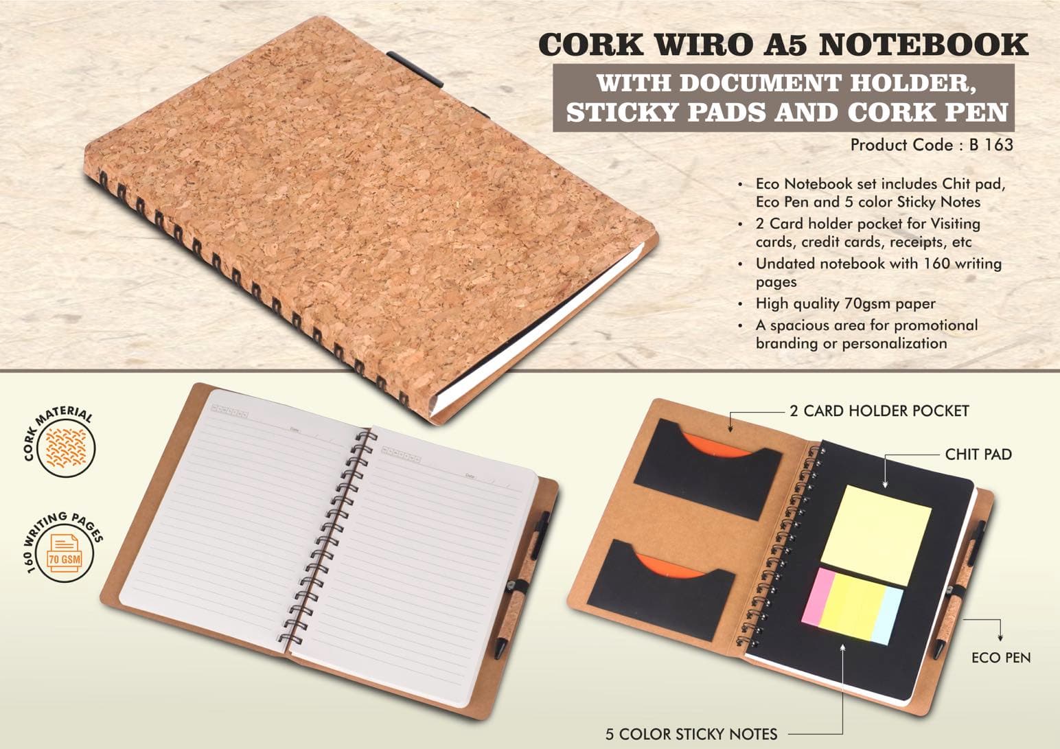 Cork Wiro notebook with Document Holder, Sticky pads and Cork Pen