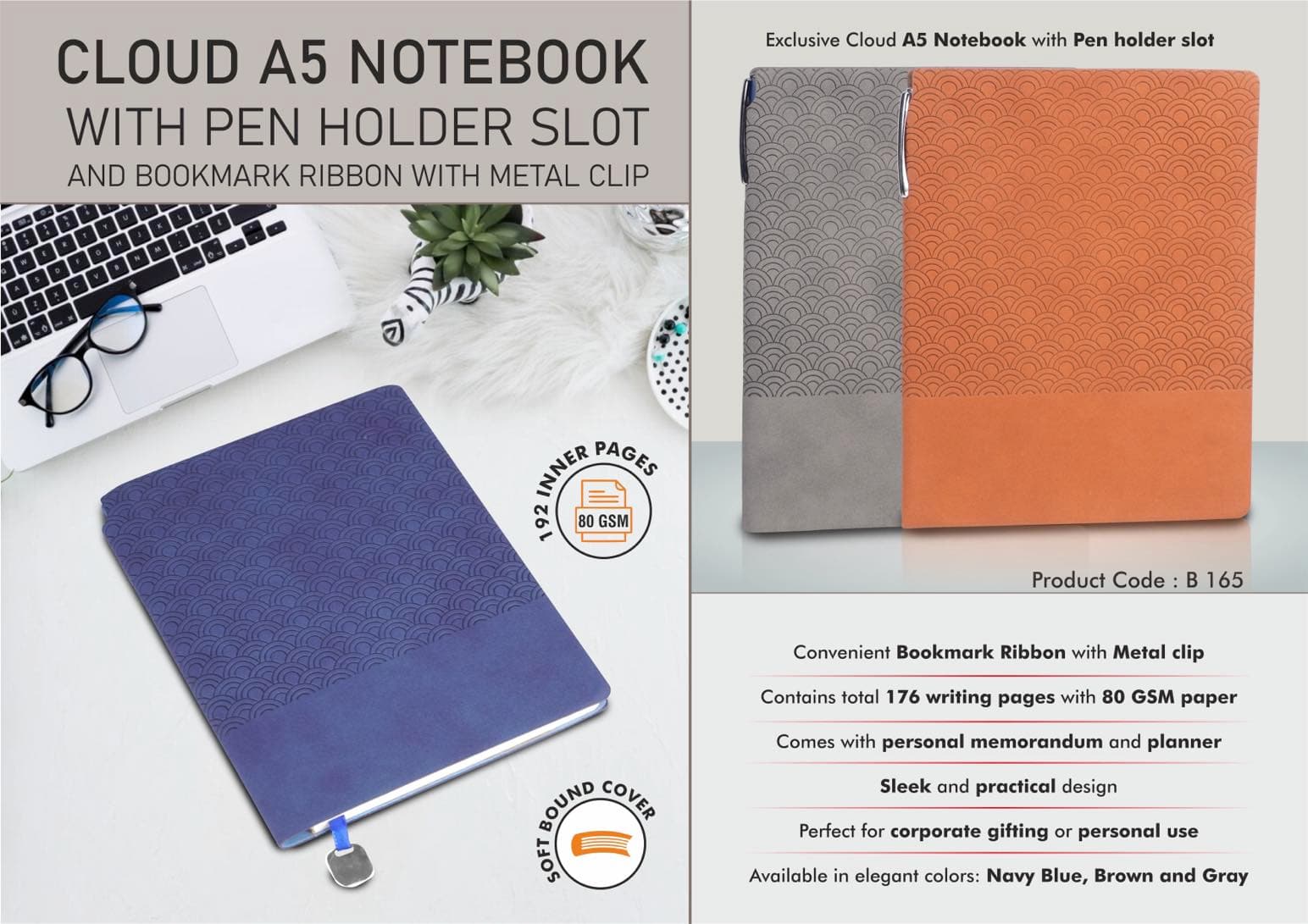 Cloud A5 Notebook with Pen holder slot and Bookmark Ribbon with Metal clip