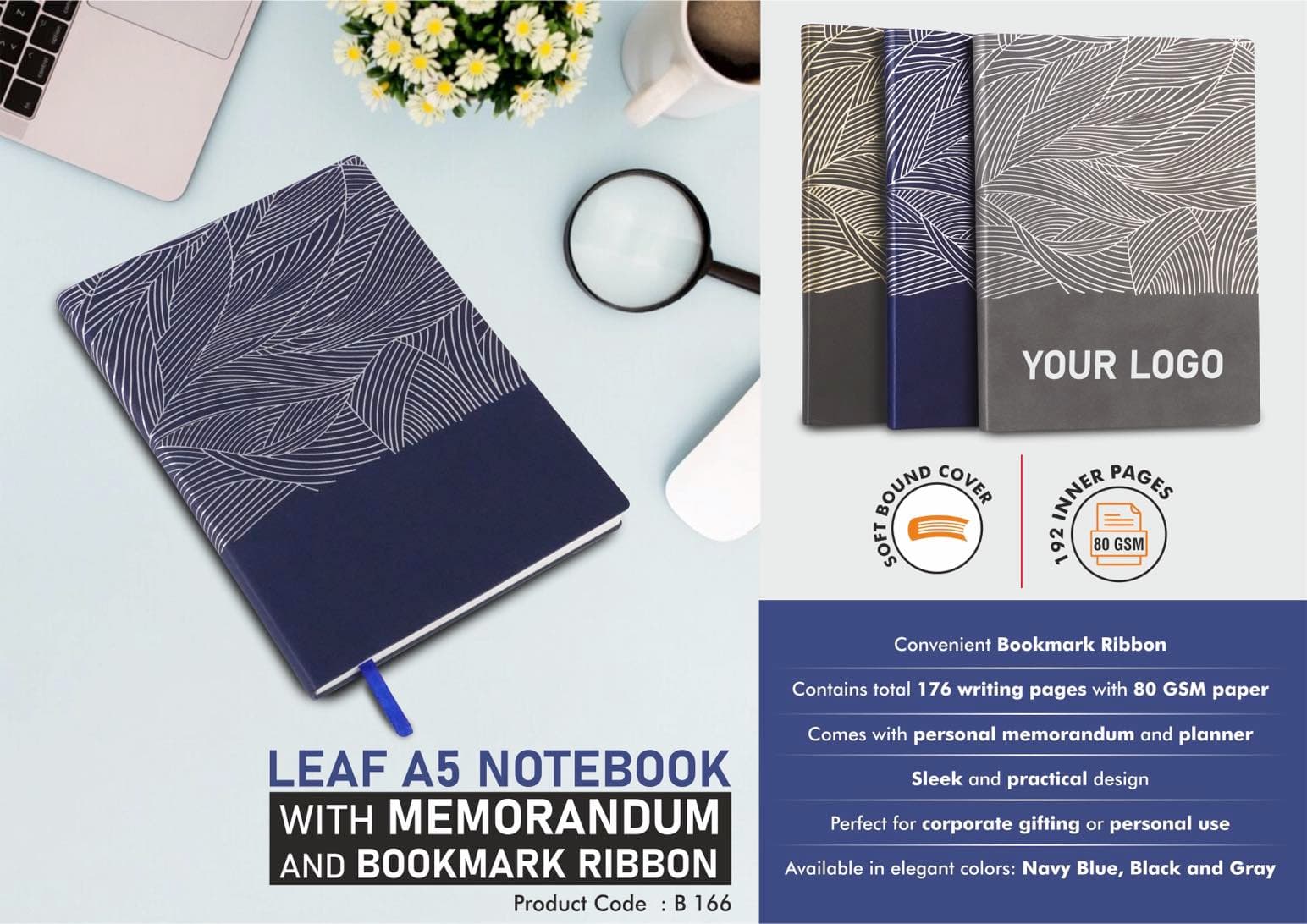 Leaf A5 Notebook with Memorandum and Bookmark Ribbon