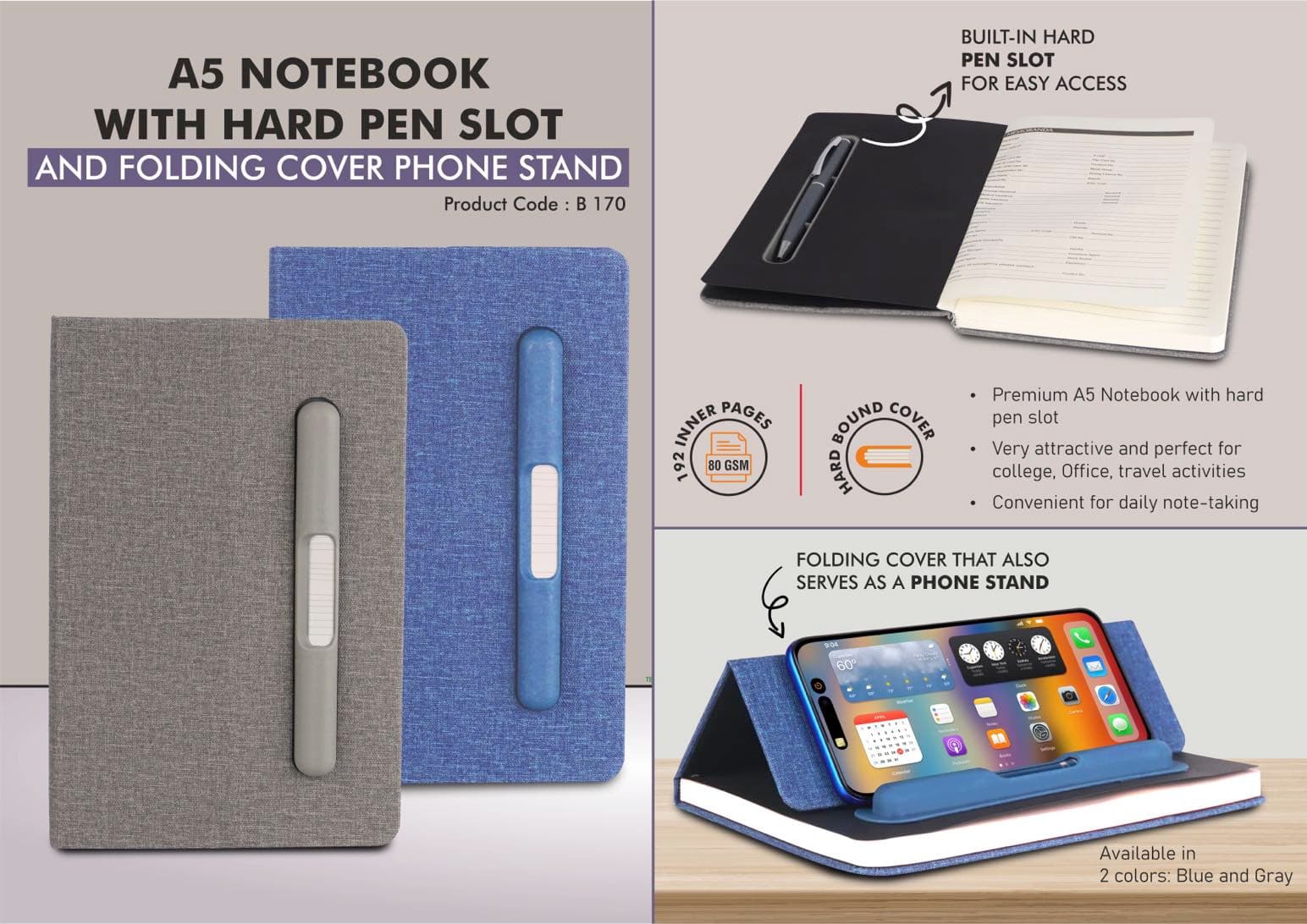 A5 Notebook with Hard pen slot and Folding cover Phone Stand