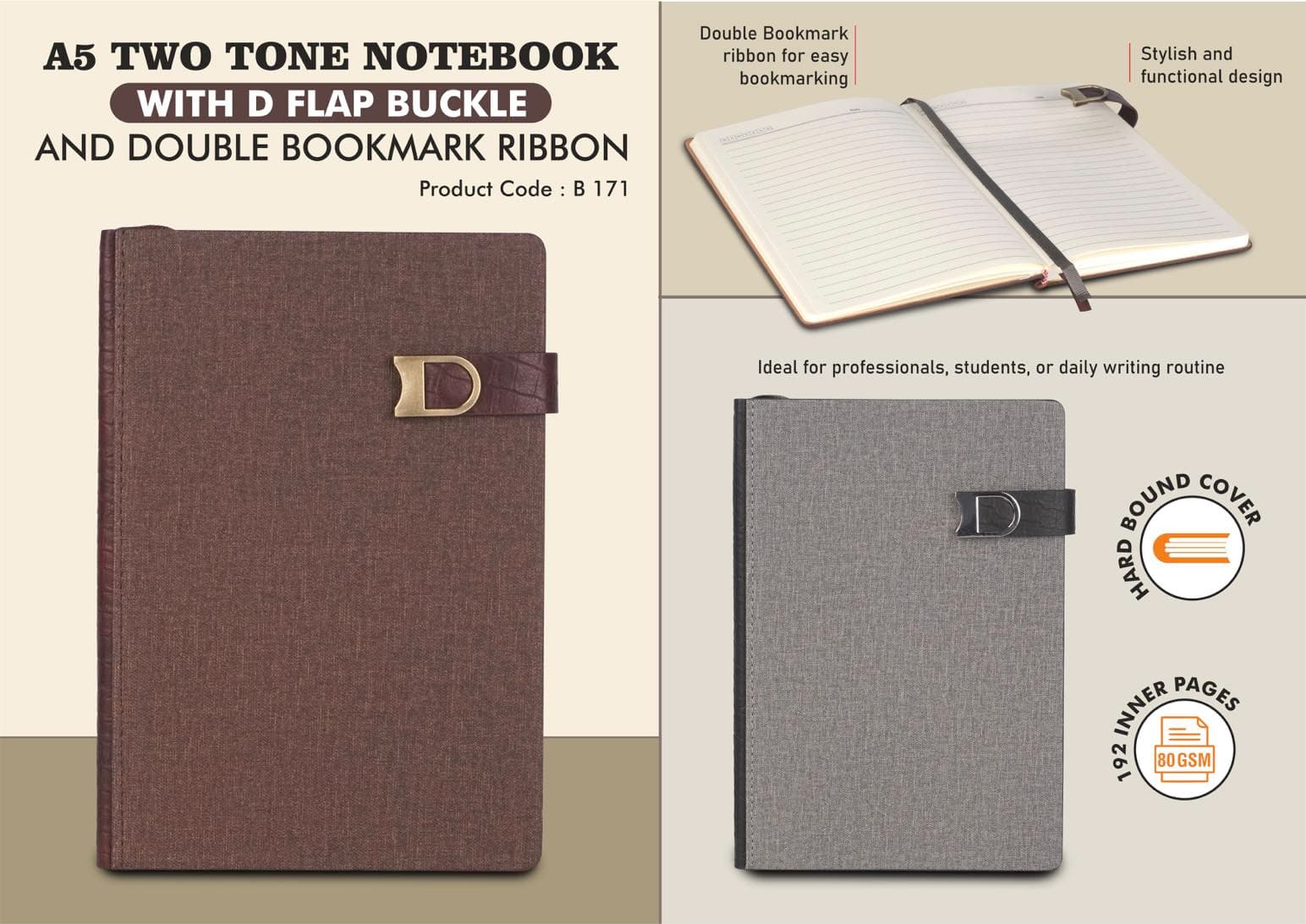 A5 Two Tone Notebook with D Flap buckle and Double Bookmark Ribbon
