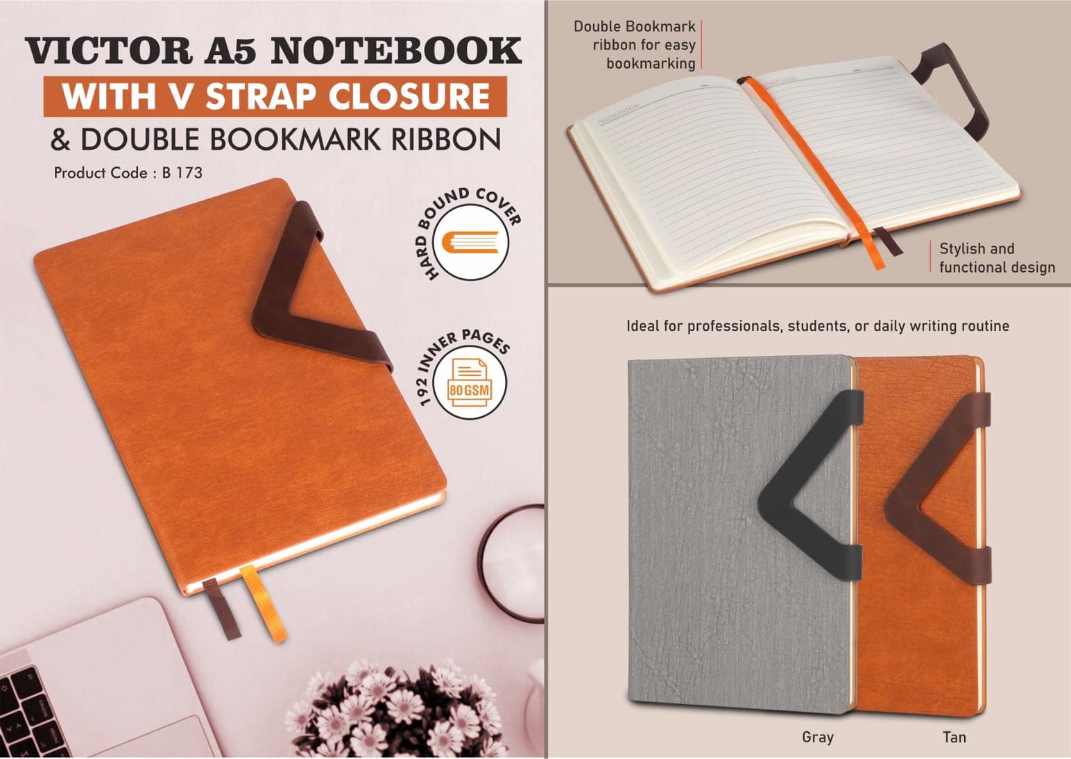 Victor A5 Notebook with V Strap Closure and Double Bookmark Ribbon