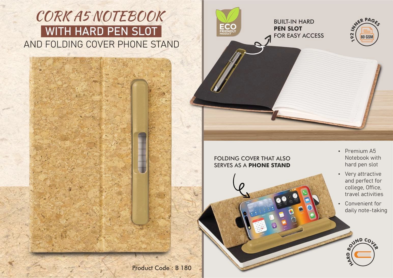 Cork A5 Notebook with Hard pen slot and Folding cover Phone Stand