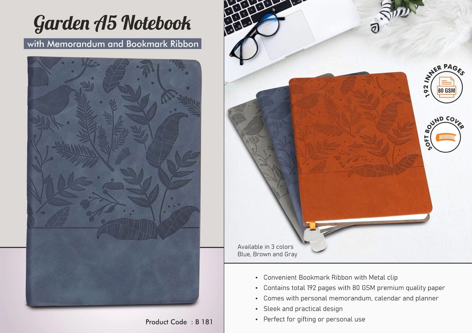 Garden A5 Notebook with Memorandum and Bookmark Ribbon