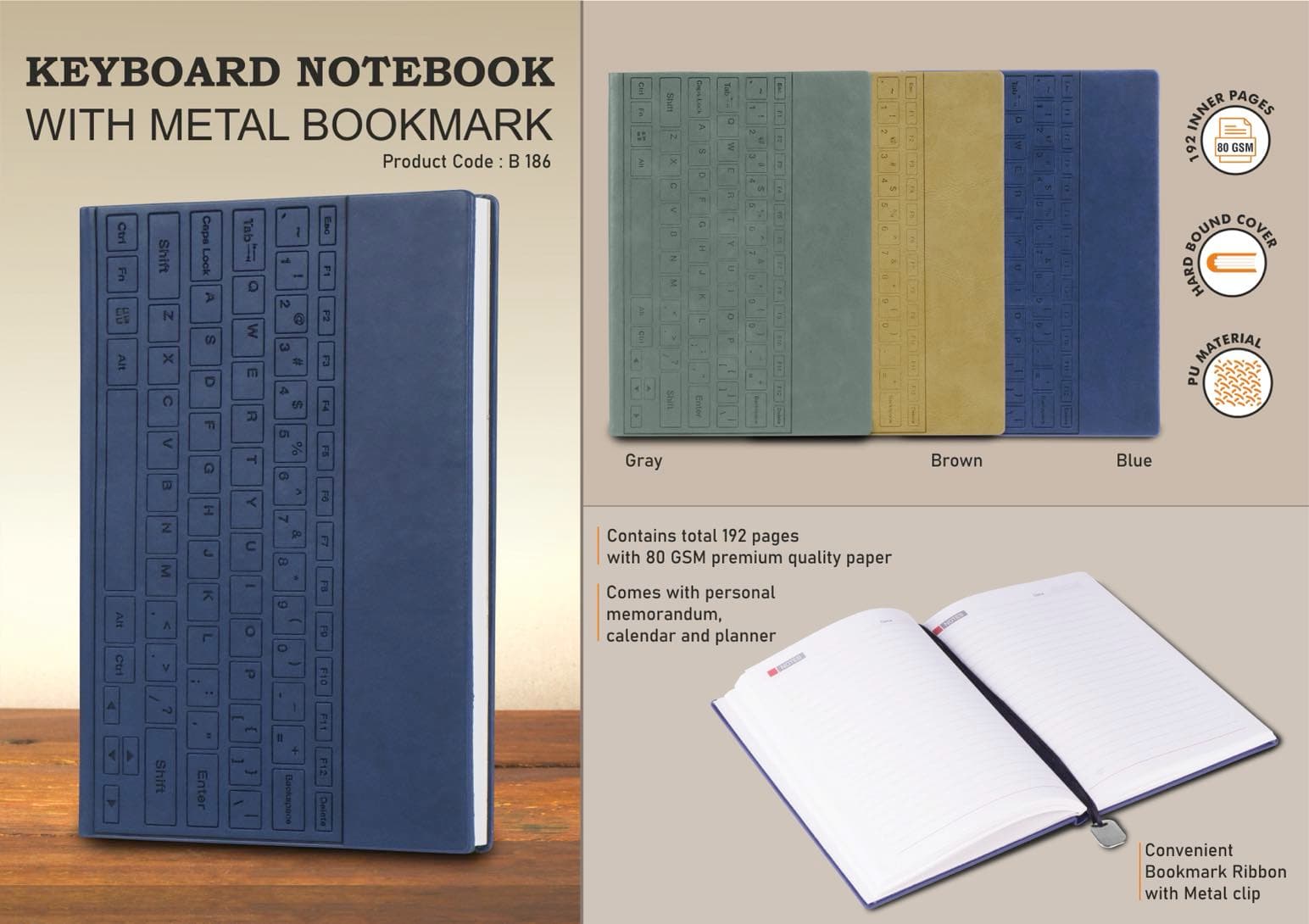 Keyboard notebook with metal Bookmark