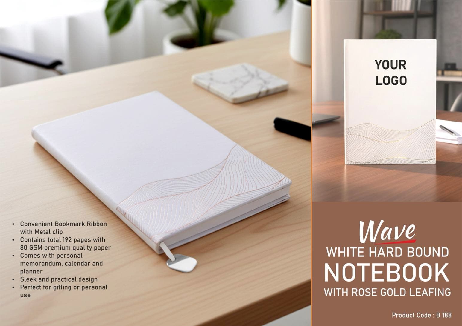 Wave White Hard bound notebook with Rose gold leafing