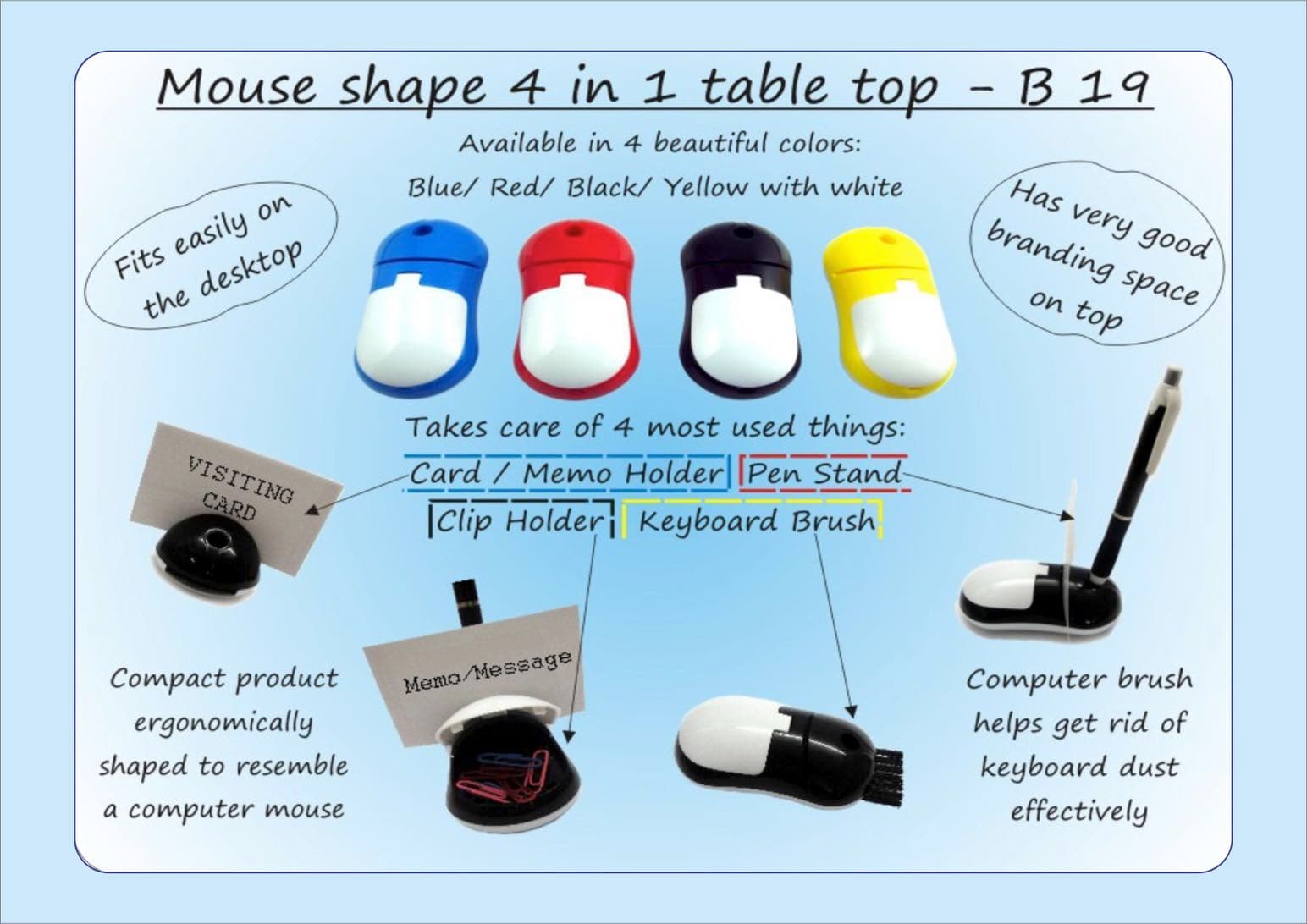 Mouse shape 4 in 1 table top (with pen holder, memo holder, paper clip holder & keyboard cleaning brush)