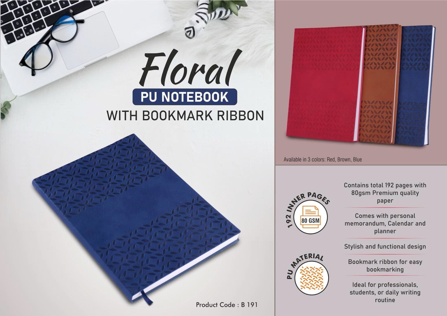 Floral PU notebook with bookmark ribbon