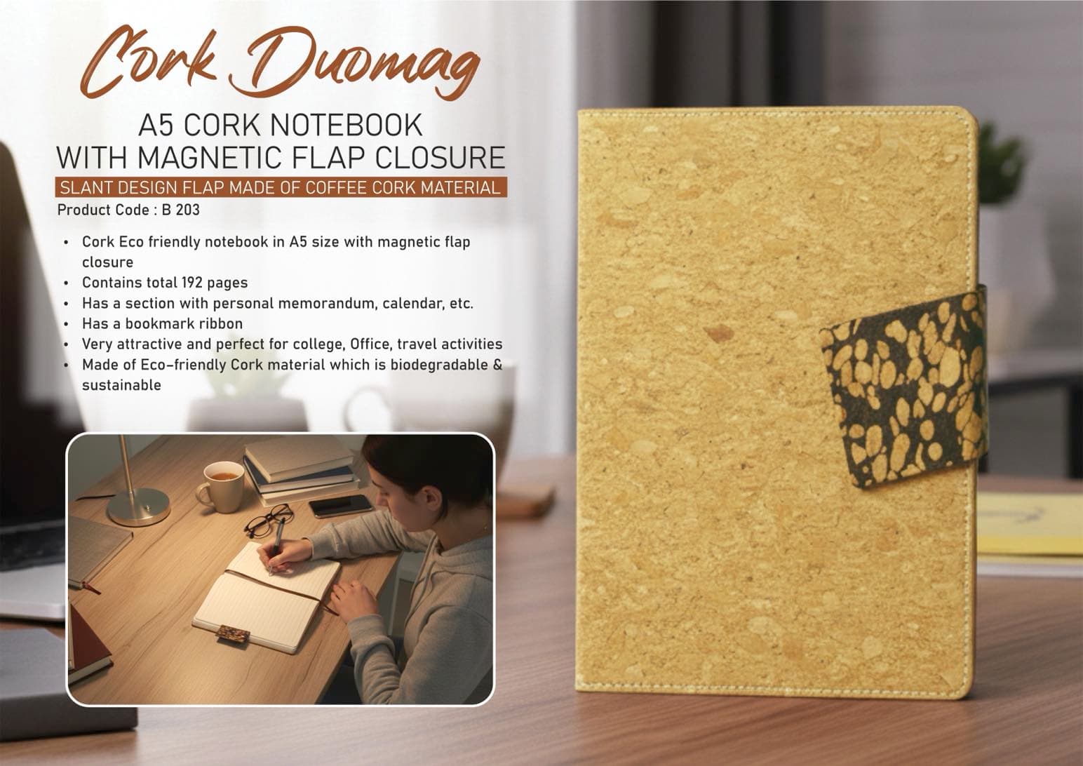 Cork Duomag: A5 Cork Notebook with magnetic flap closure