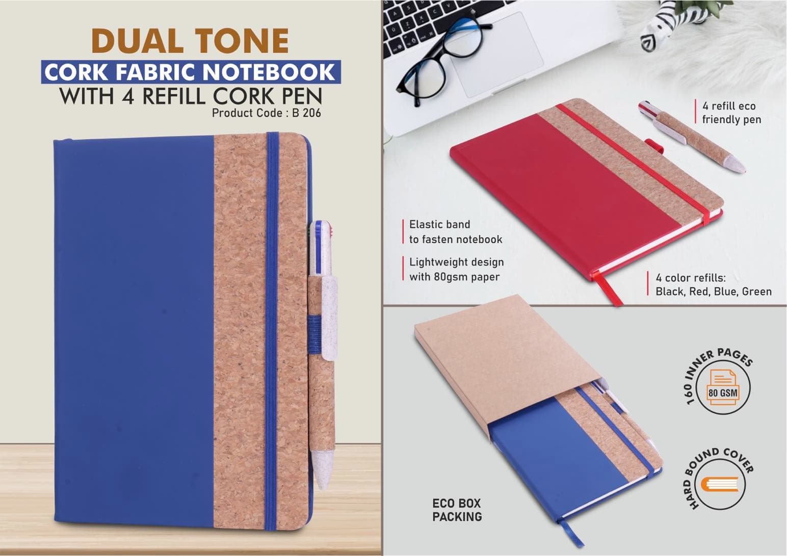 Dual tone Cork fabric notebook with Elastic Fastener & 4 refill Cork Pen