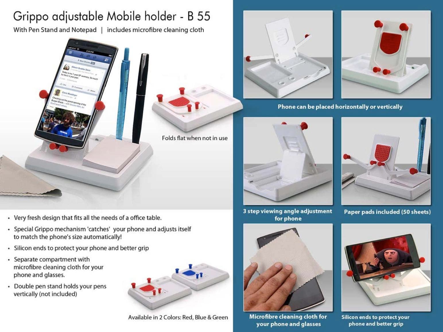 Grippo Mobile holder with angle adjustment, pen stand, and notepad
