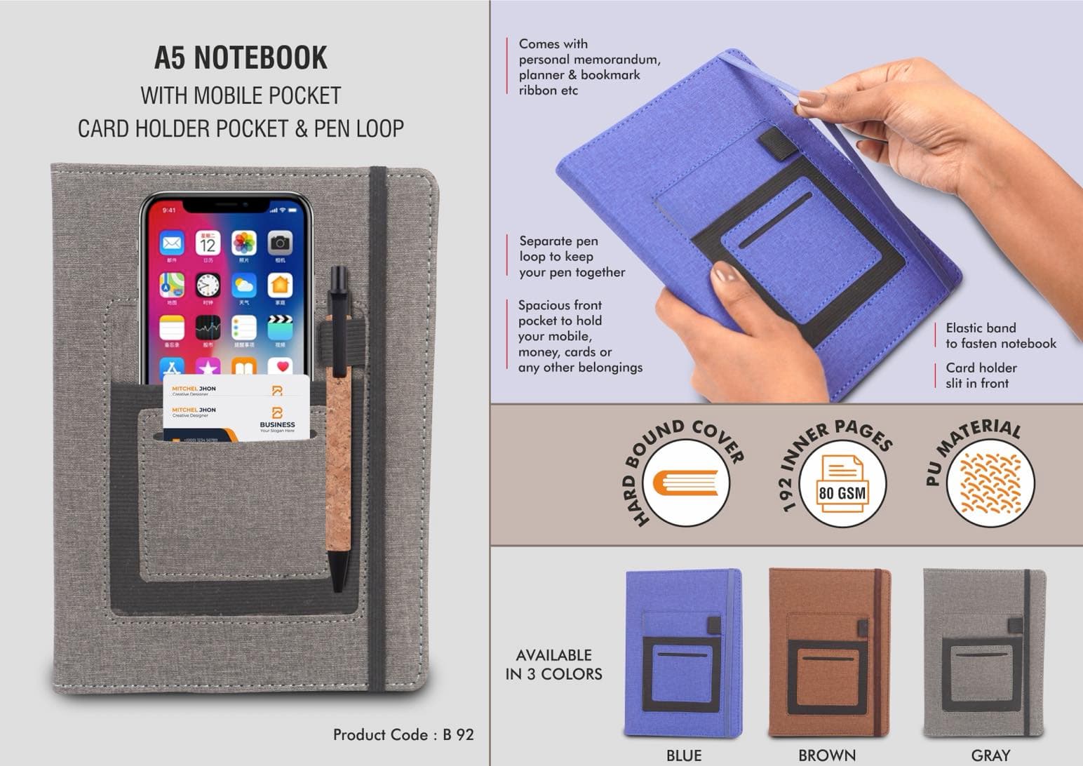A5 notebook with mobile pocket, card holder pocket & pen loop by Castillo Milano