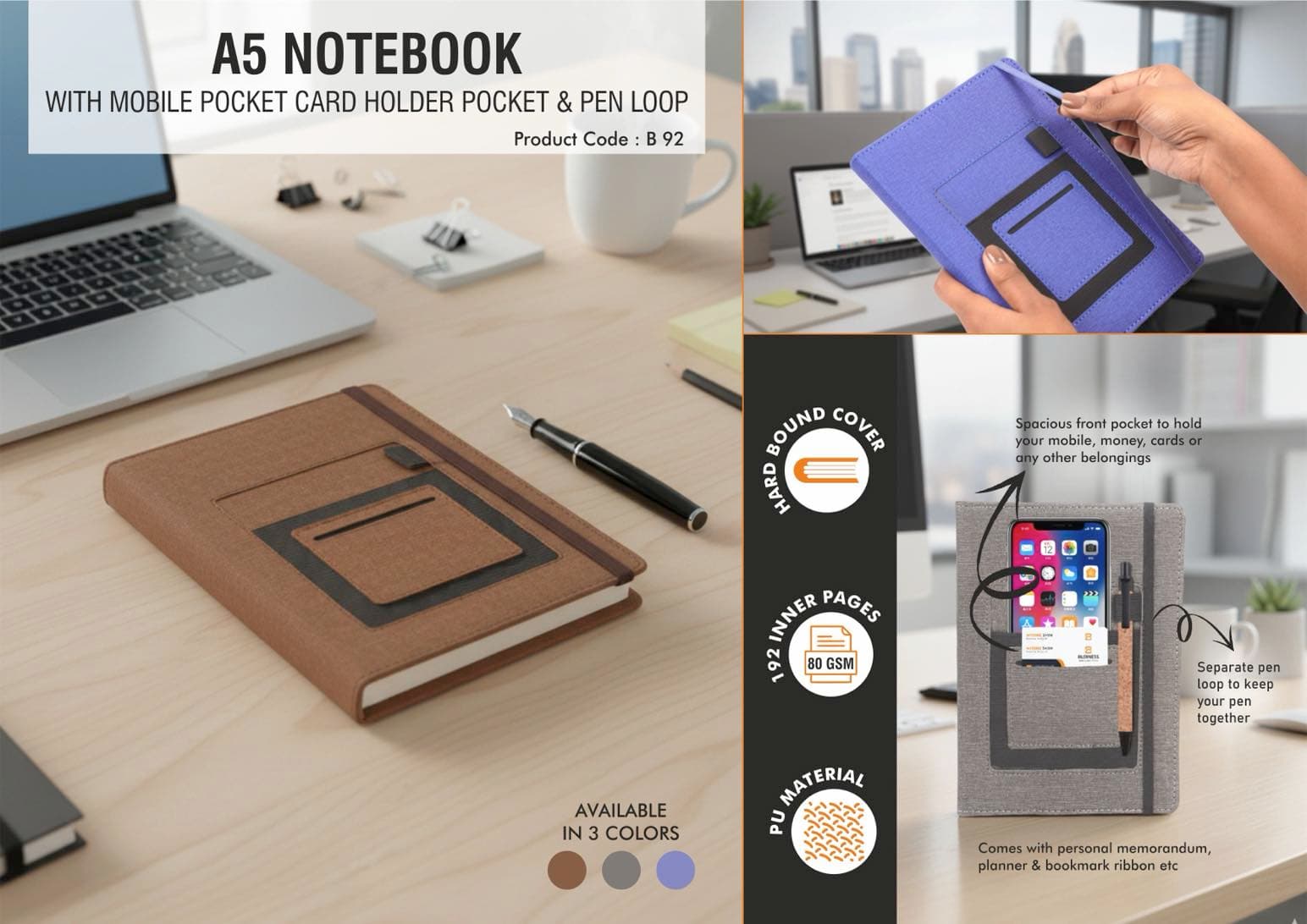 A5 notebook with mobile pocket, card holder pocket & pen loop by Castillo Milano