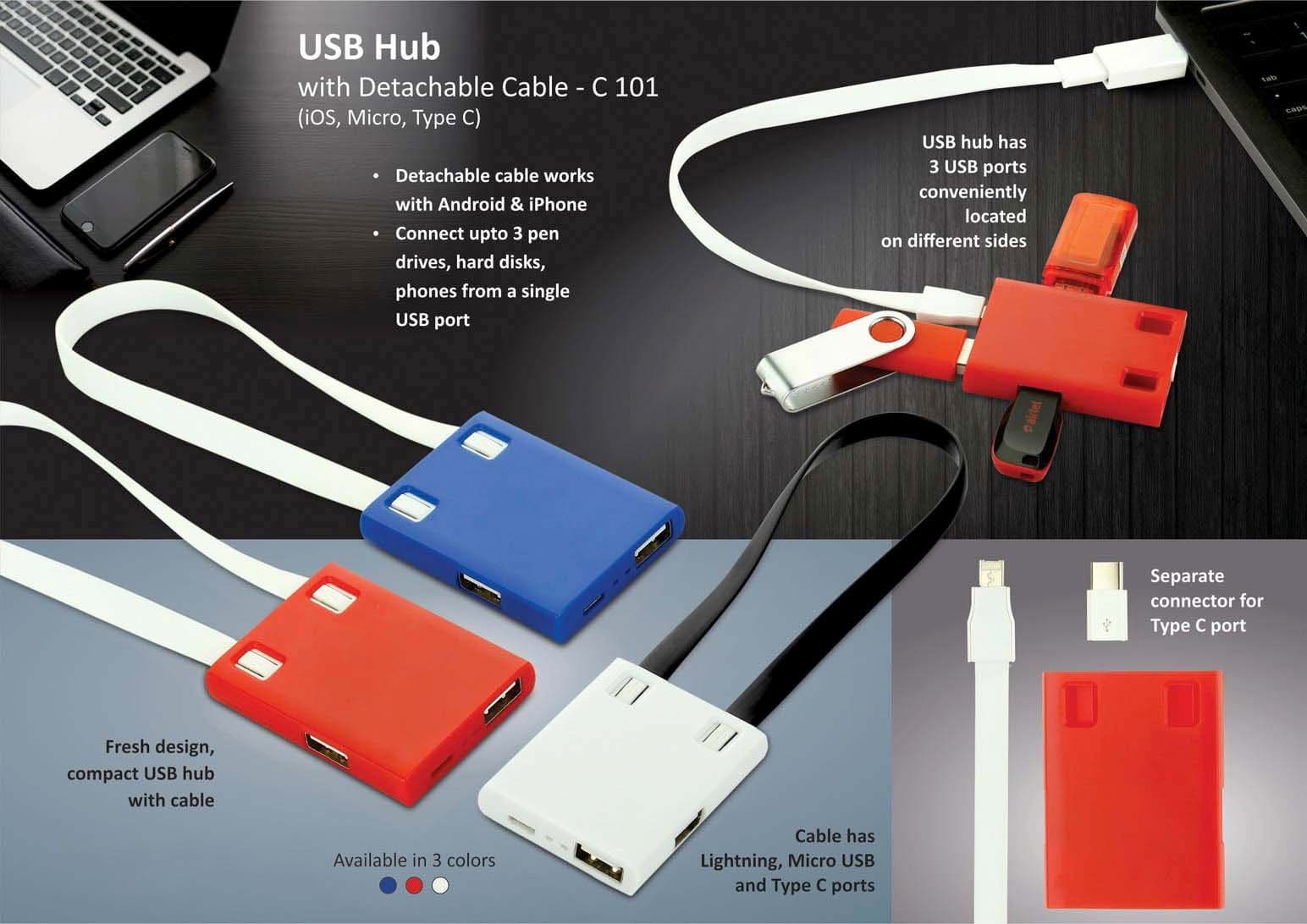 USB Hub with detachable cable (iOS, Micro, Type C)