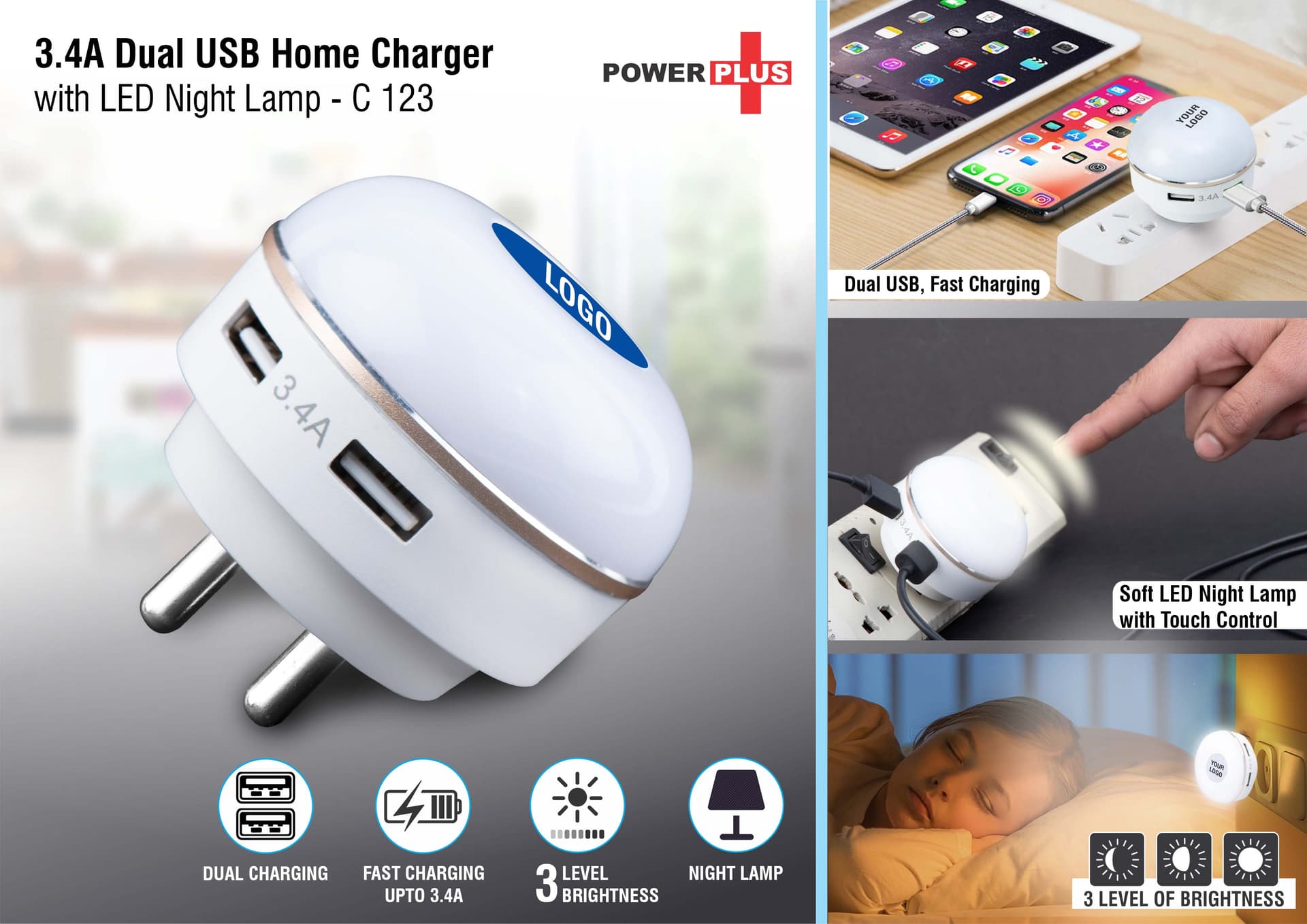 Dual USB fast charger with night lamp