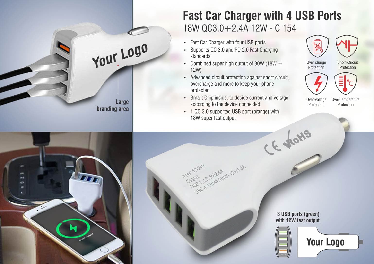 Fast car charger with 4 USB ports