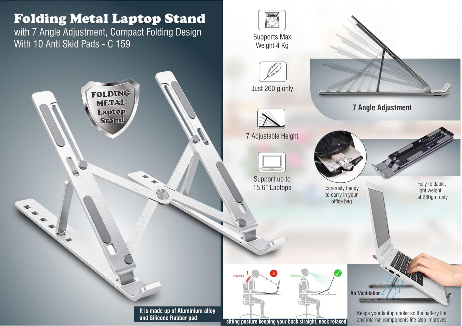 Folding Metal Laptop stand with 7 angle adjustment