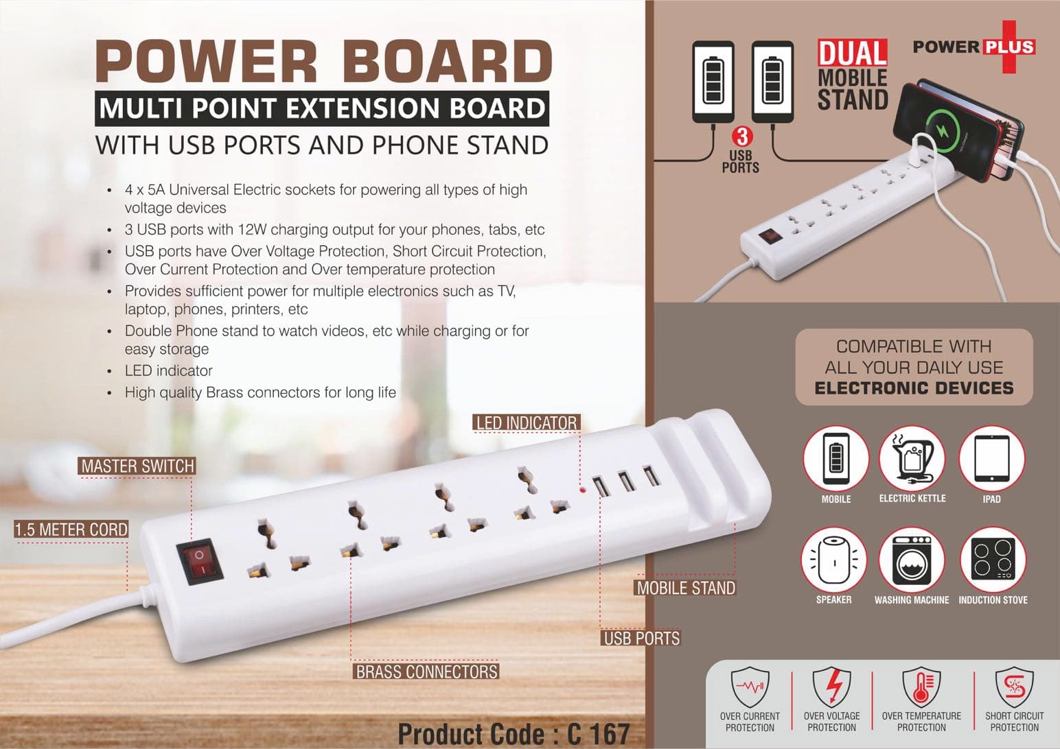 Power Board: Multi point extension board with USB ports and phone stand