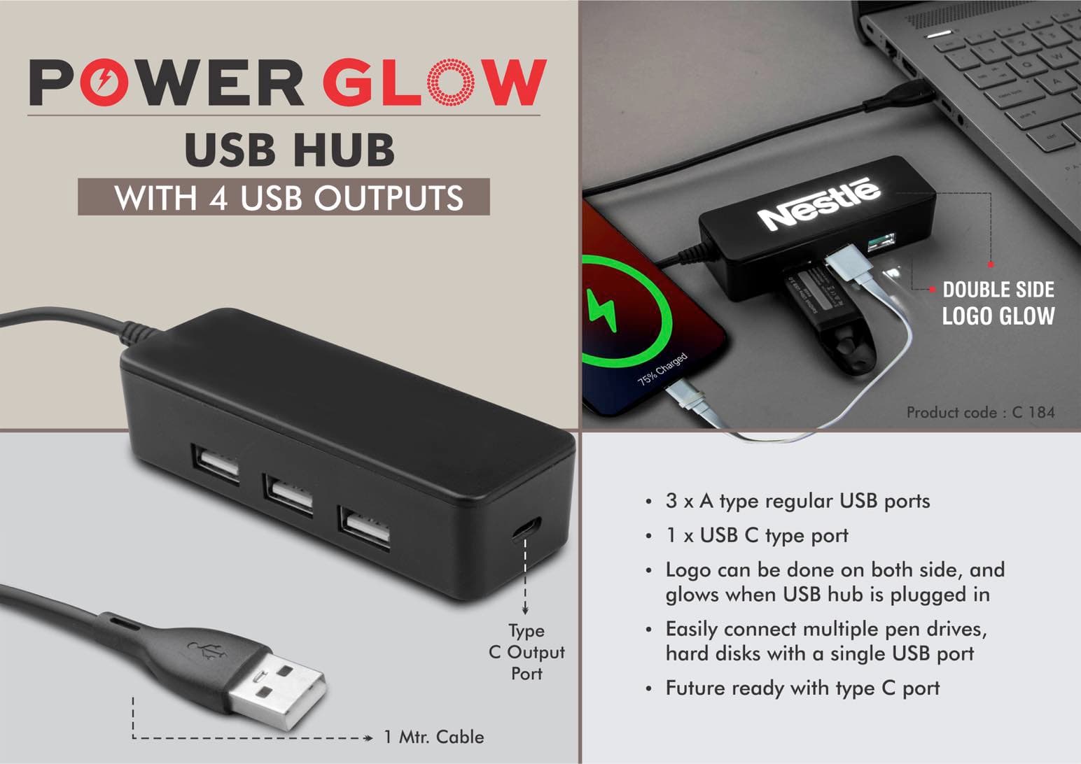 PowerGlow USB hub with 4 USB outputs