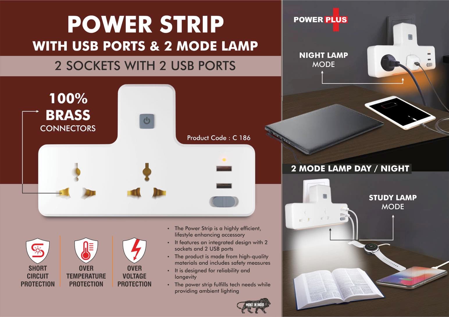 Power Strip with USB ports & Night Lamp