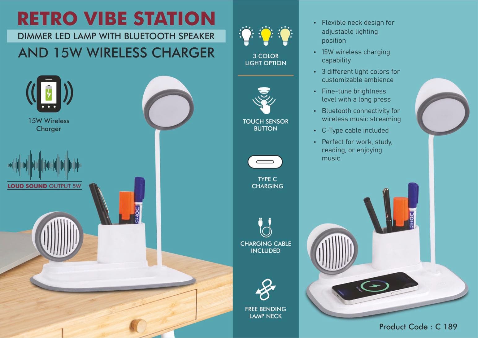 RetroVibe Station: Dimmer LED Lamp with Bluetooth speaker & 15W Wireless Charger