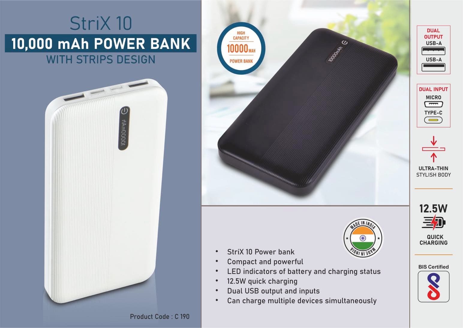 Strix 10: 10,000 mAh Power bank with Strips design