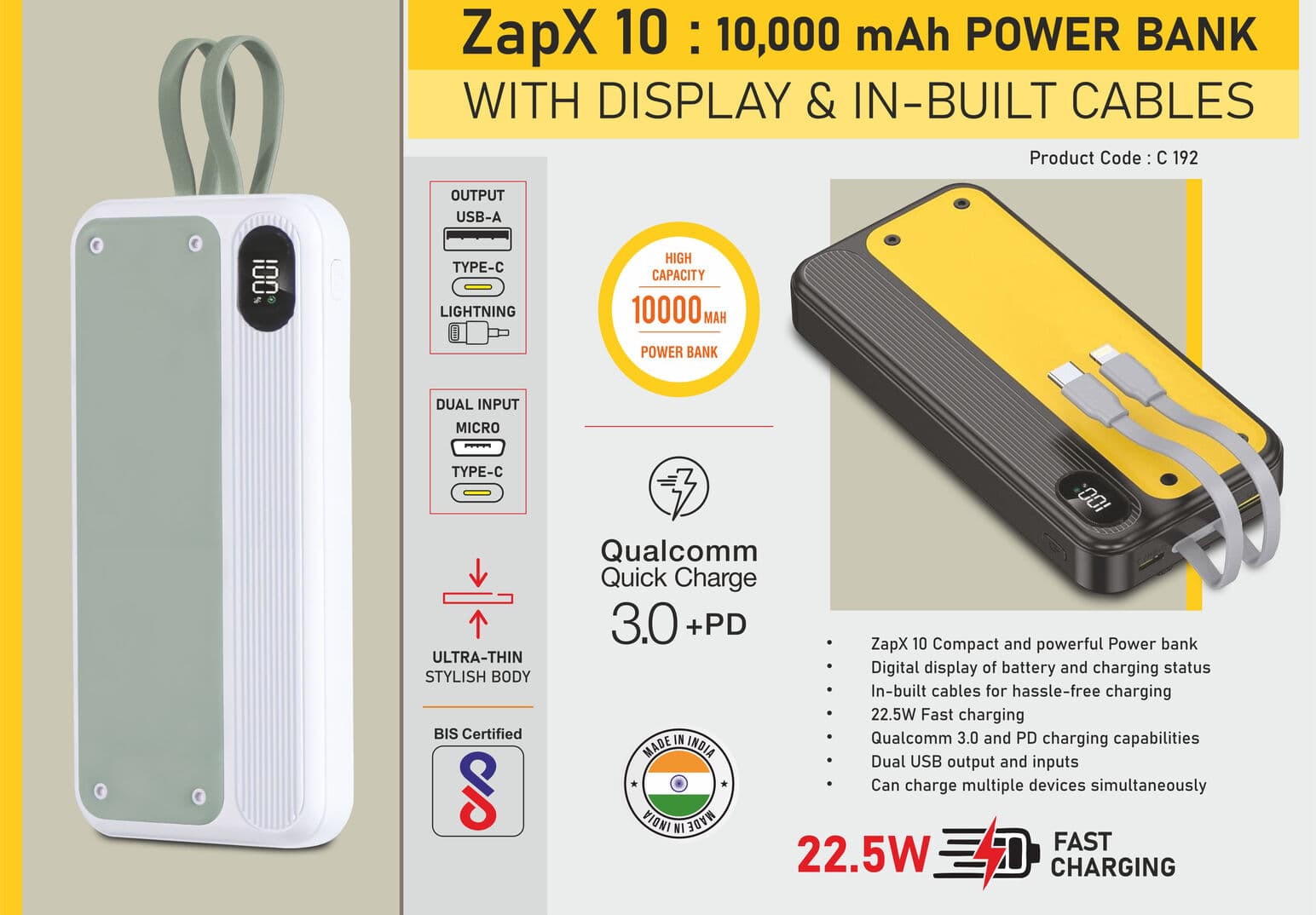 ZapX 10: 10,000 mAh Power bank with Display & In-Built Cables