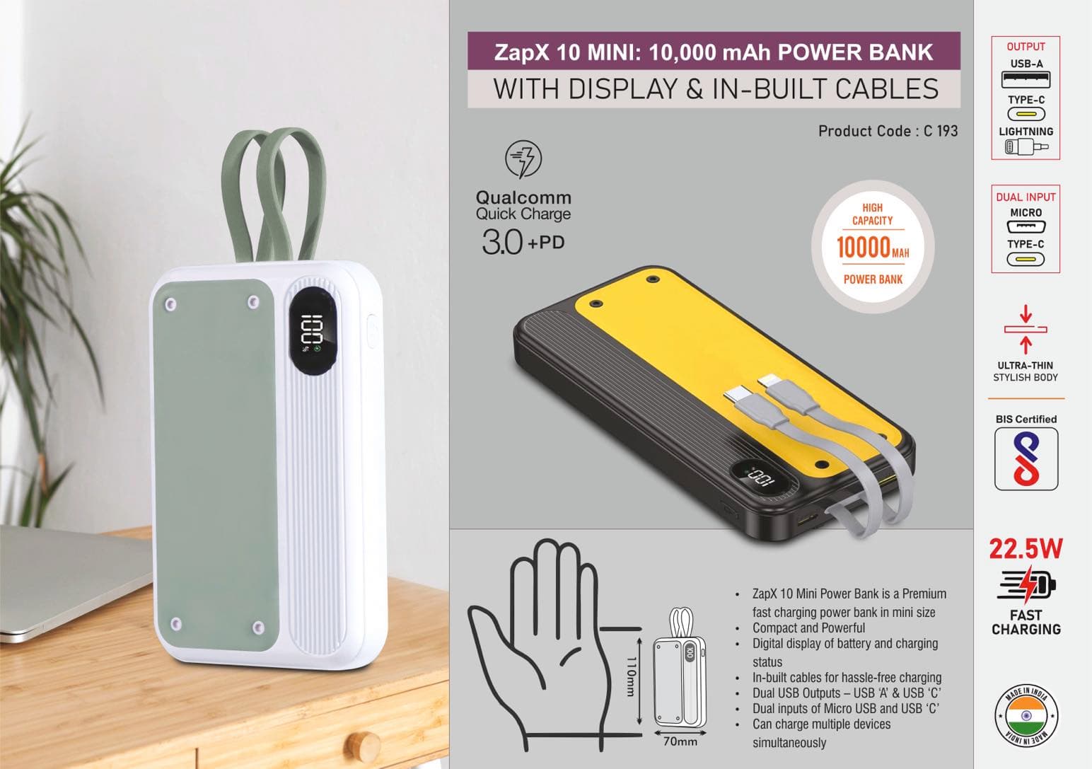 ZapX 10 Mini: 10,000 mAh Power bank with Display & In-Built Cables