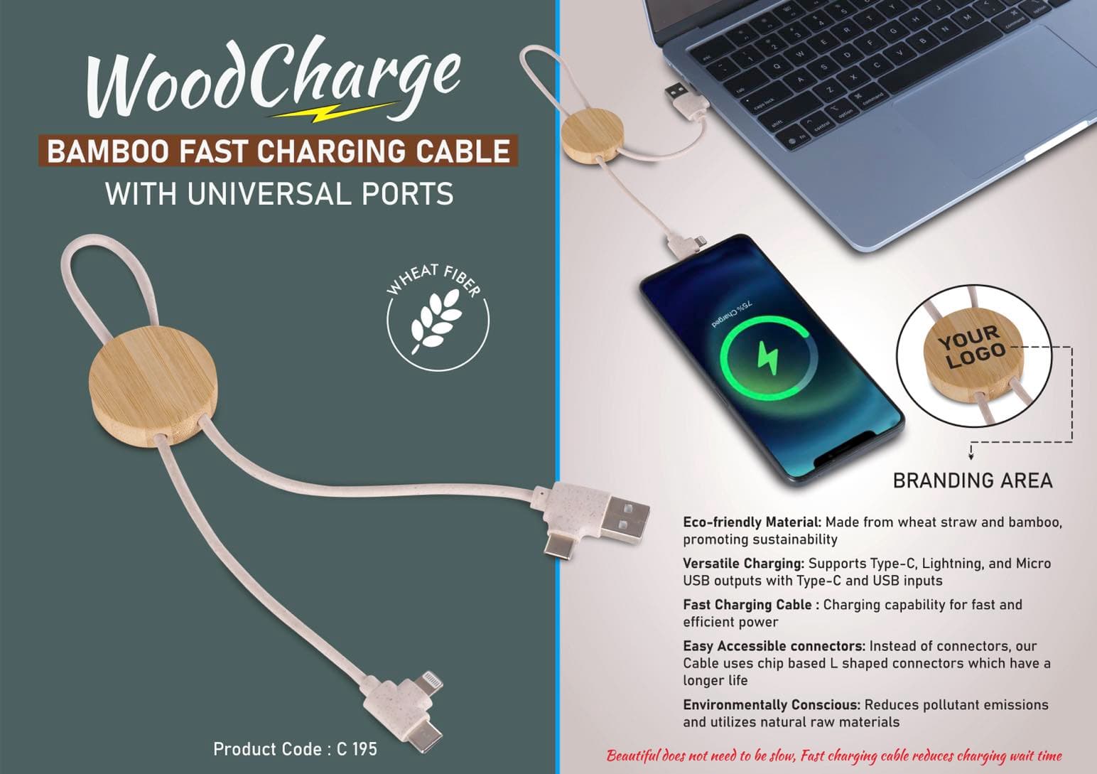 WoodCharge: Bamboo Fast Charging Cable with Universal ports