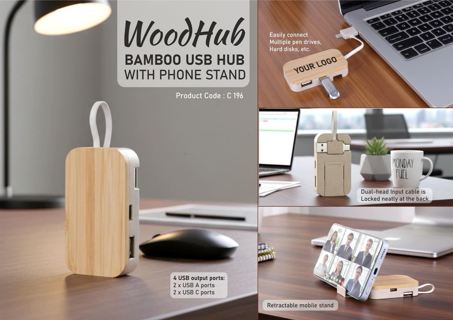 WoodHub: Bamboo USB hub with Phone stand