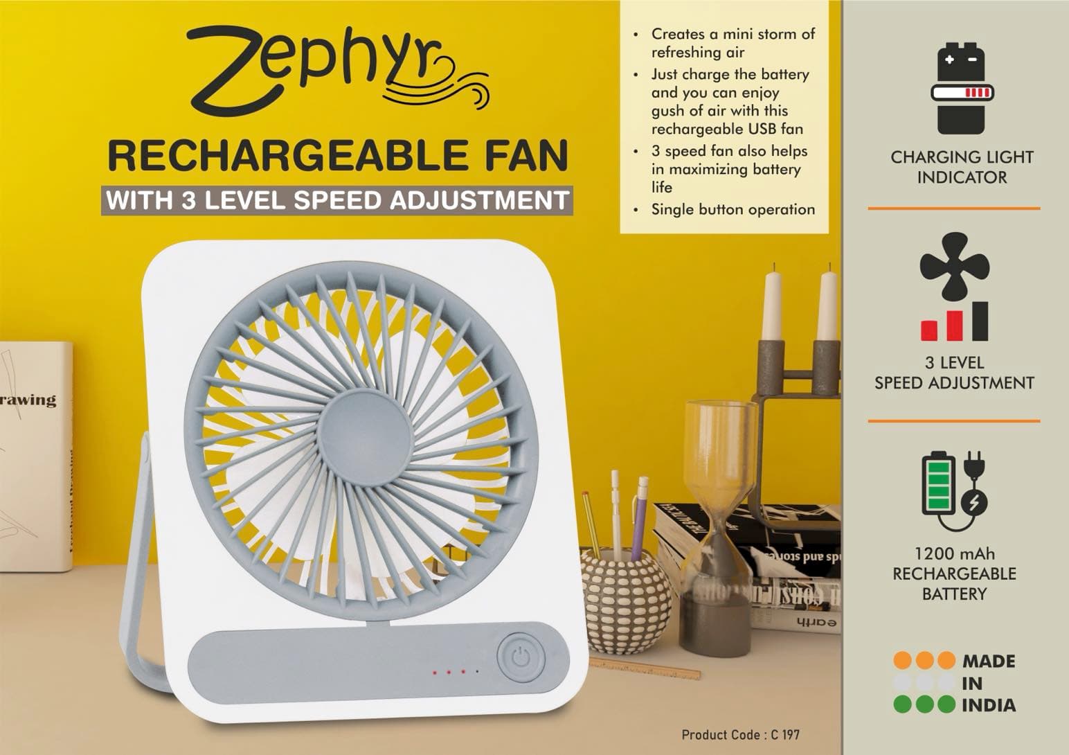 Zephyr: Rechargeable fan with 3 level speed adjustment