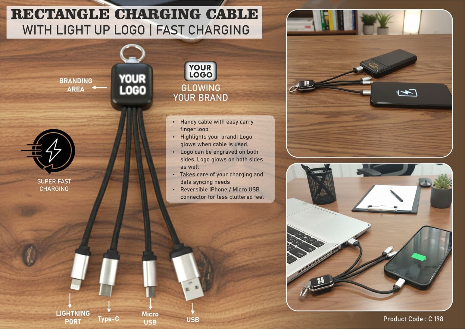 PowerGlow Rectangle Charging cable with Light Up Logo