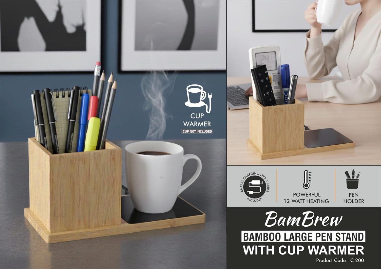 BamBrew: Bamboo Large Pen stand with Cup warmer