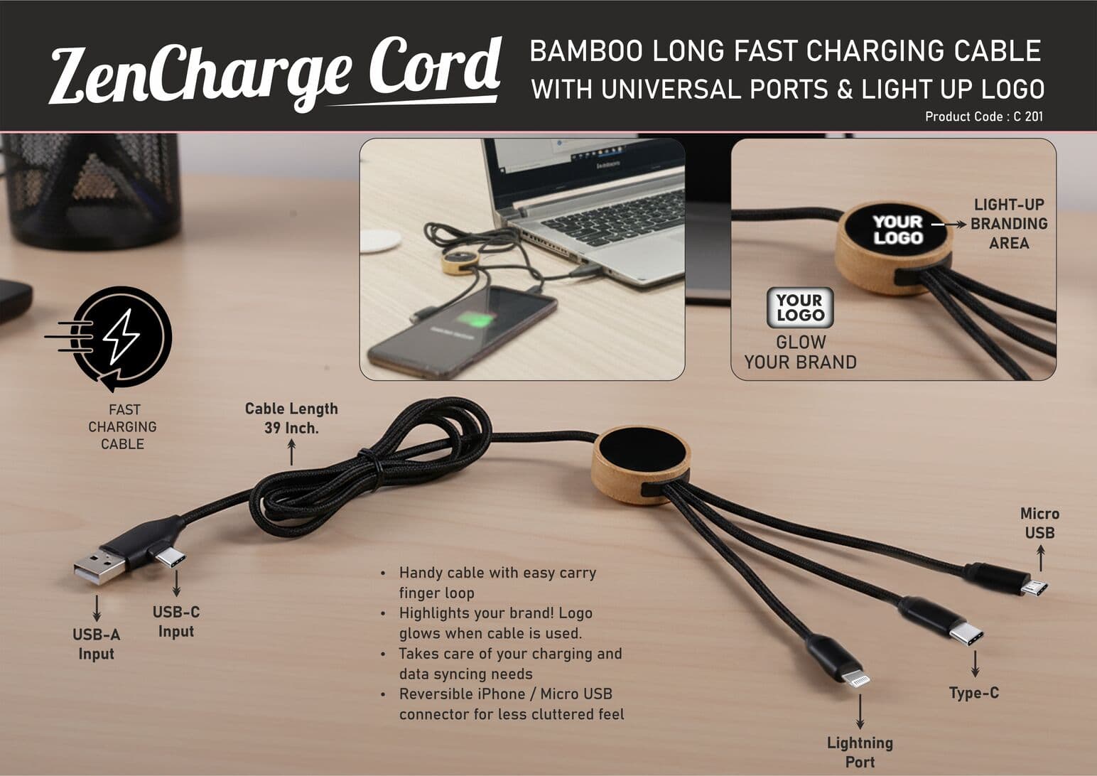 ZenCharge Cord: Bamboo Long Fast Charging Cable with Universal ports & Light up logo