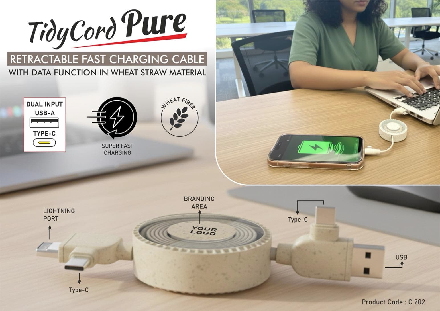 TidyCord Pure: Retractable Fast Charging cable with Data function in Wheat Straw material
