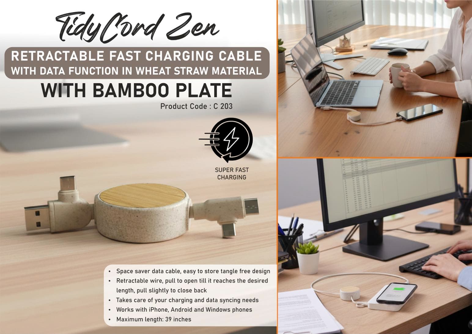 TidyCord Zen: Retractable Fast Charging cable with Data function in Wheat Straw material with Bamboo plate