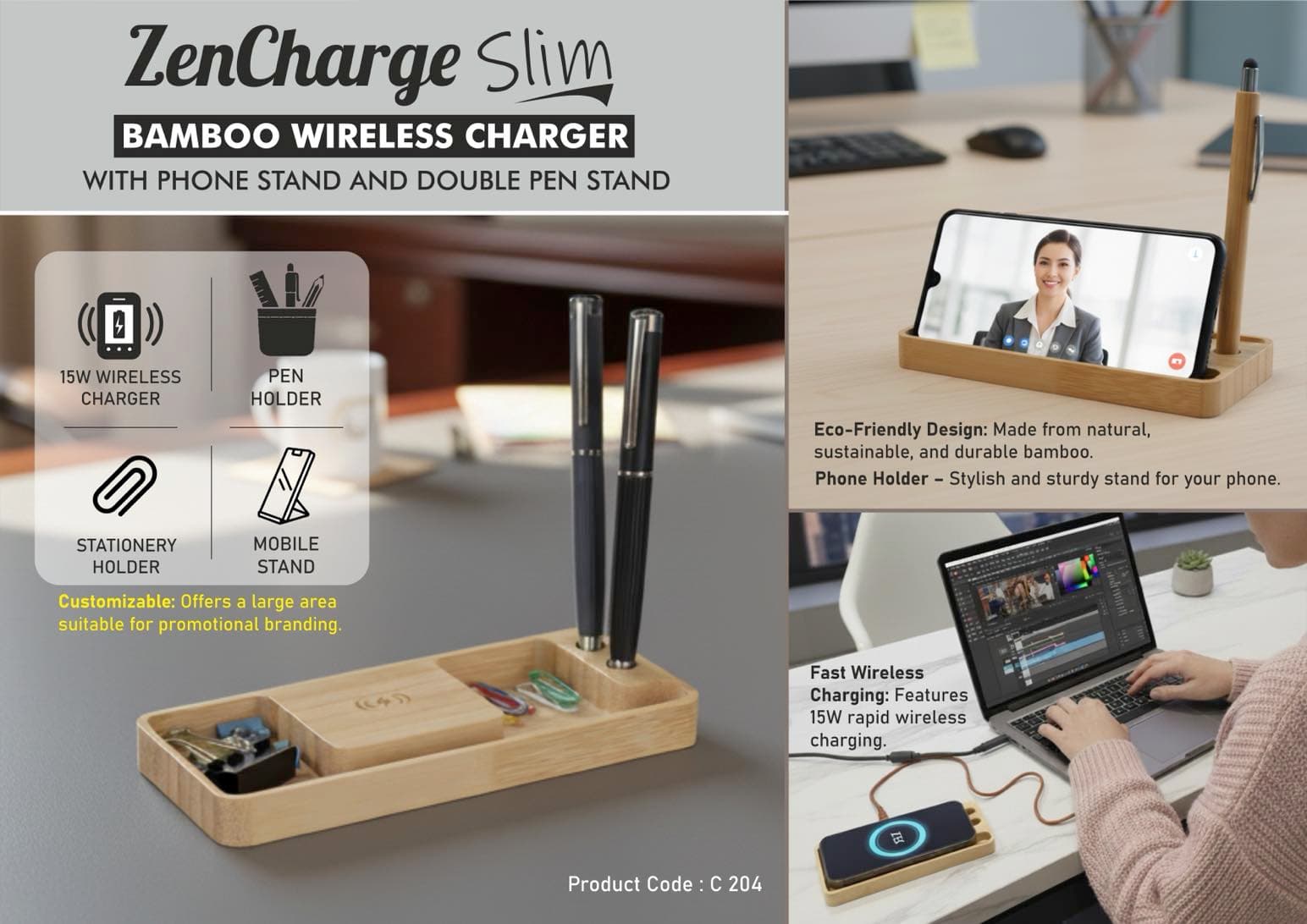 ZenCharge Slim: Bamboo Wireless charger with Phone stand and double Pen stand