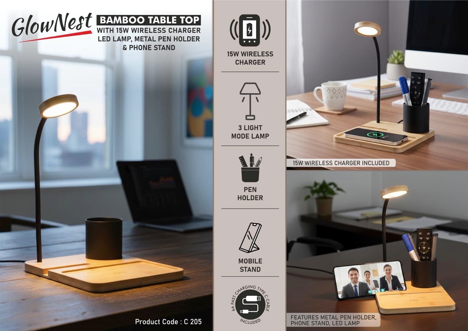GlowNest: Bamboo Table top with 15W Wireless Charger, LED Lamp, Metal Pen holder & phone stand