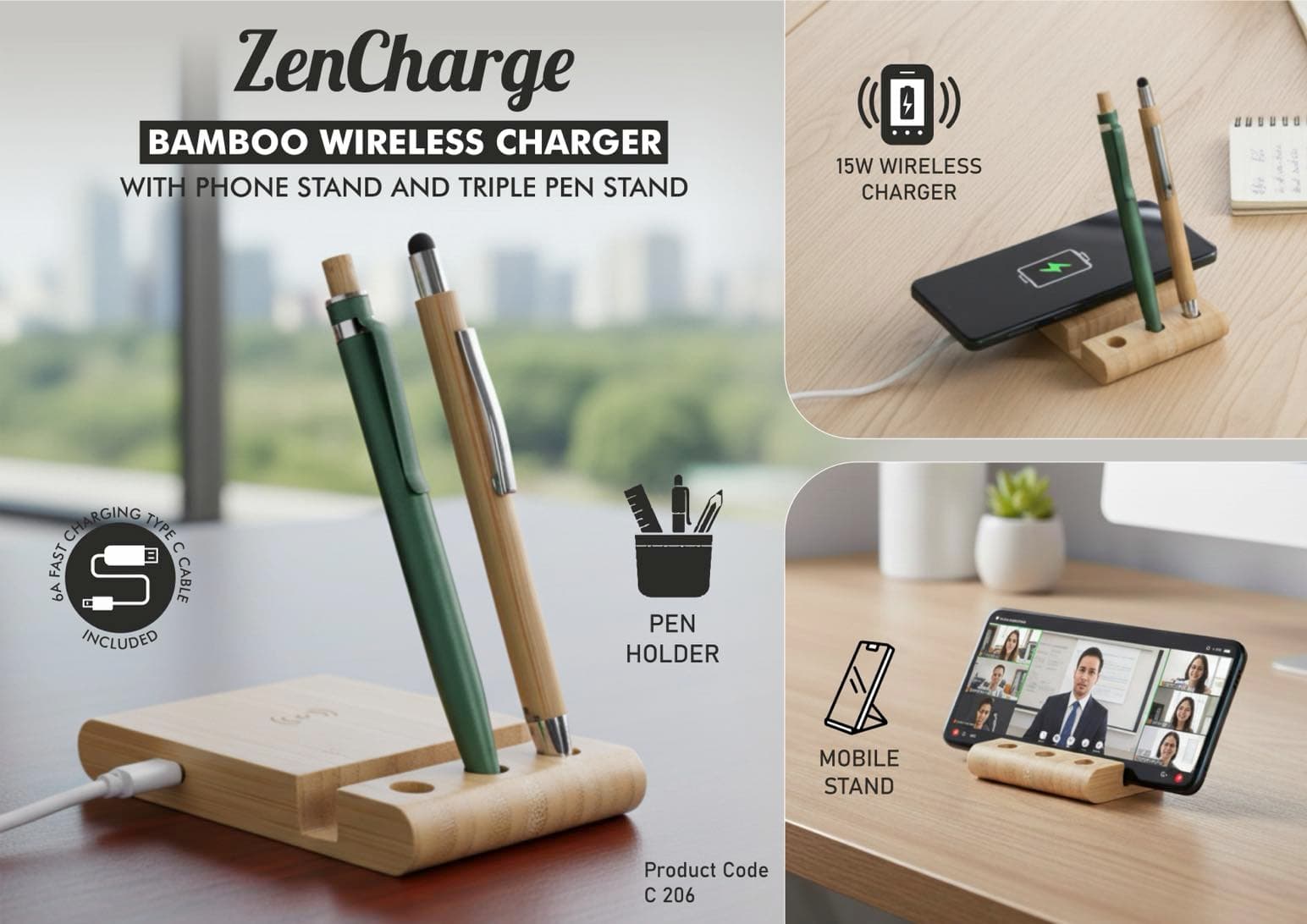 ZenCharge: Bamboo Wireless Charger with phone stand and triple pen stand