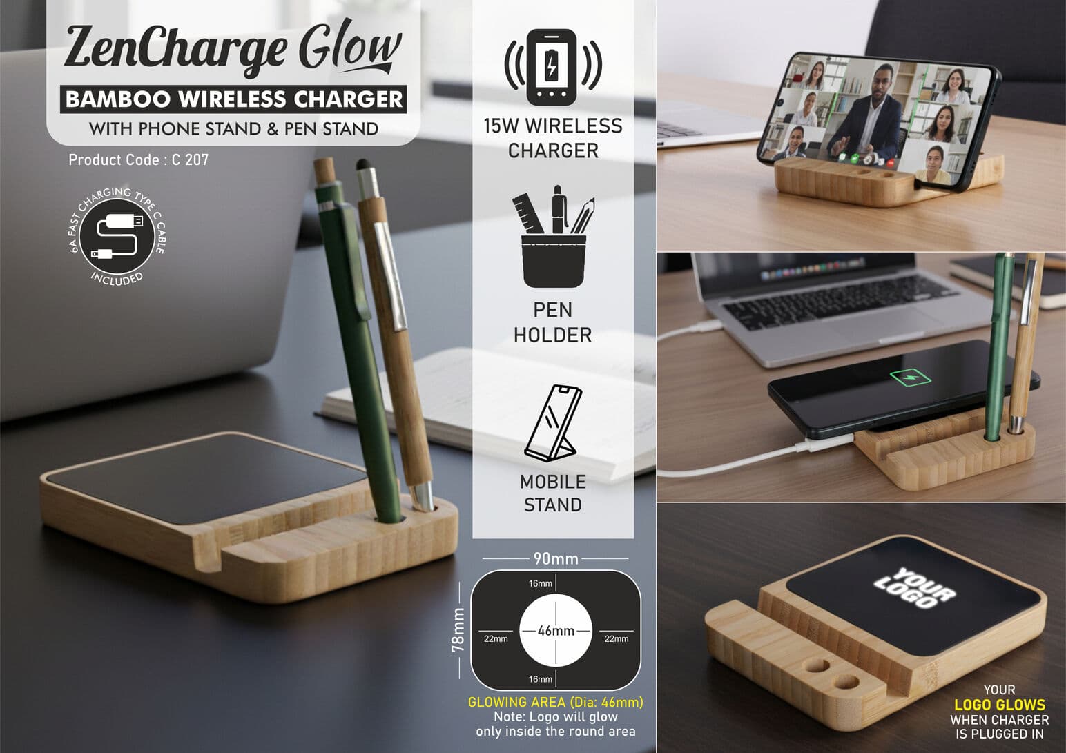 ZenCharge Glow: Bamboo Wireless Charger with Logo Highlight