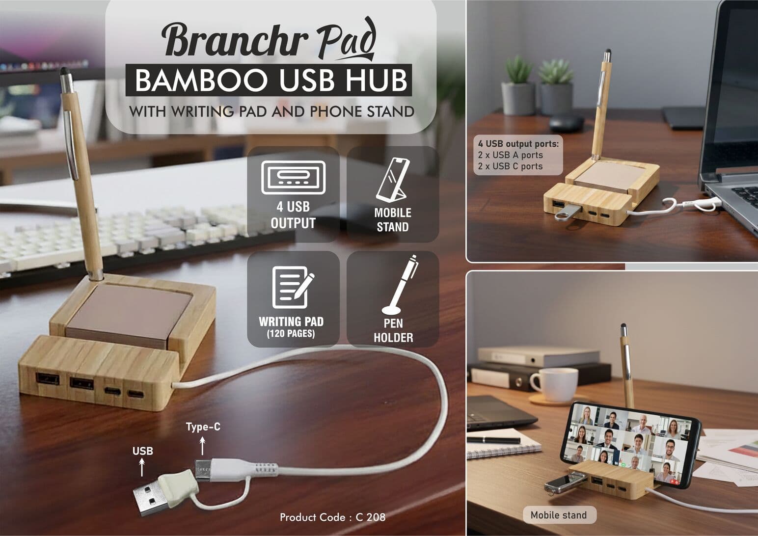 Branchr Pad: Bamboo USB hub with Writing pad and Phone stand