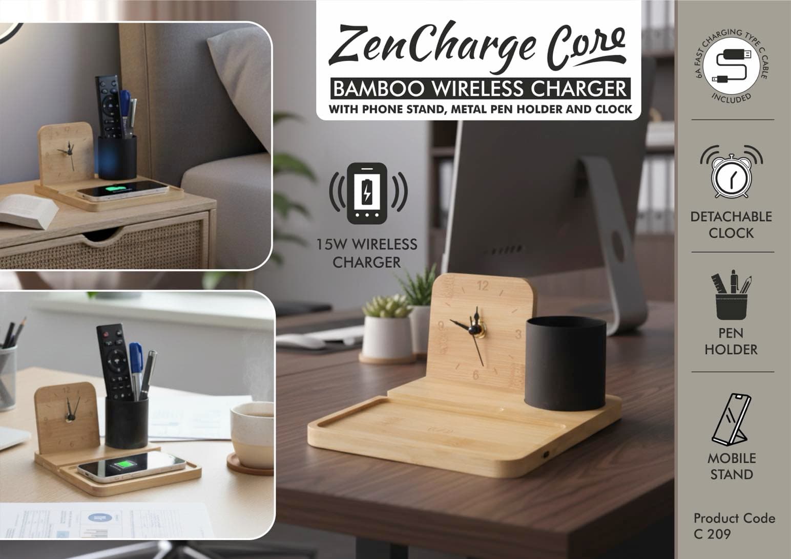 ZenCharge Core: Bamboo Wireless charger with phone stand, Metal Pen holder and Clock
