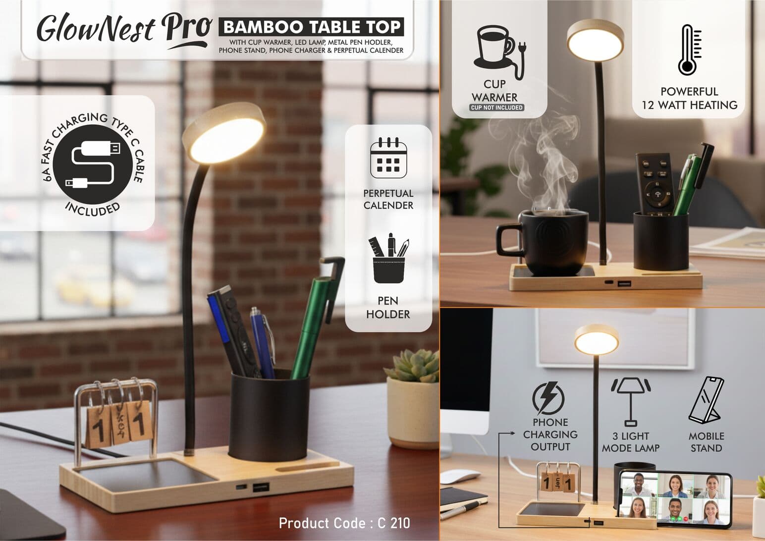 GlowNest Pro: Bamboo Table top with Cup warmer, LED Lamp, Metal Pen holder, Phone stand & Perpetual calendar