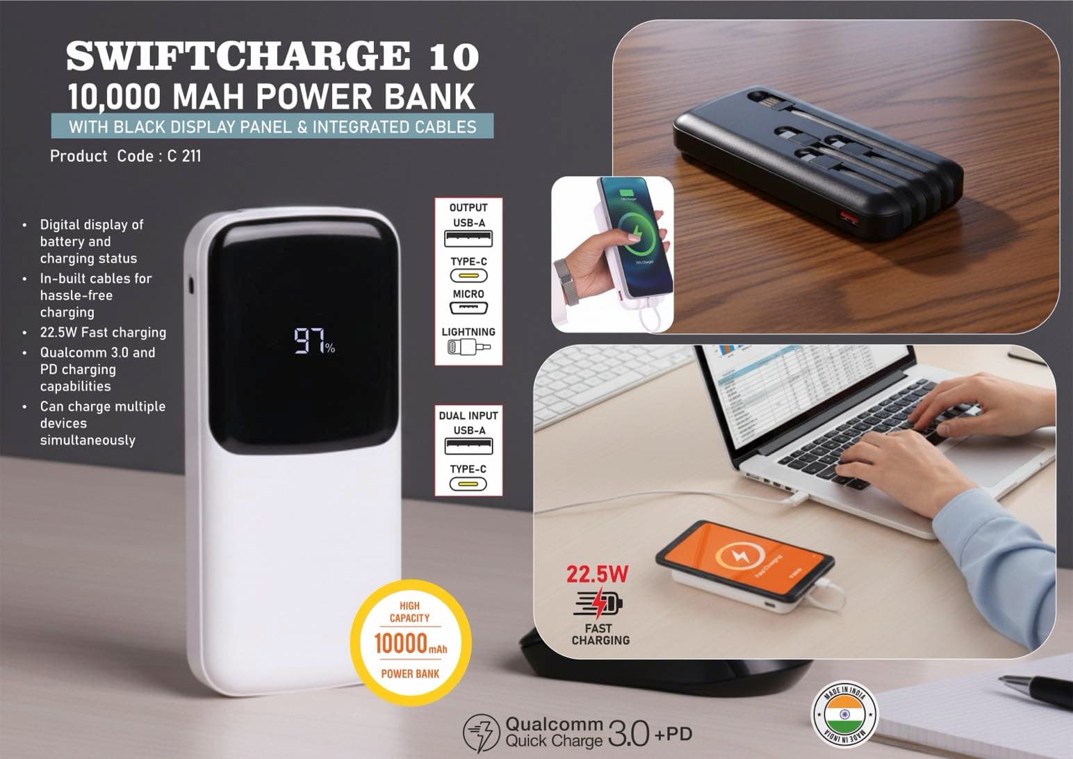 SwiftCharge 10: 10,000 mAh Power bank with black display panel & Integrated cables